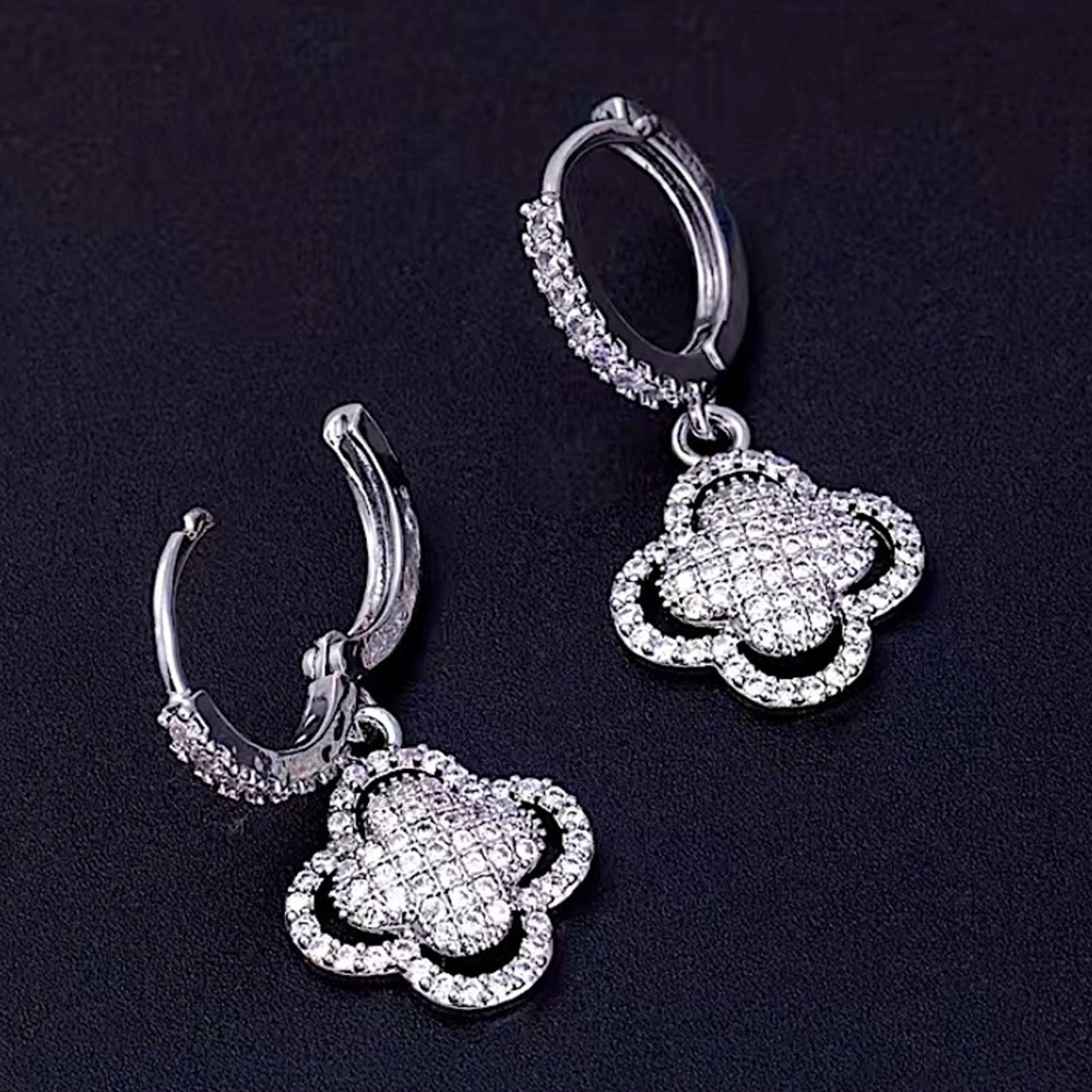 Platinum Silver Four Leaf Clover Cubic Zircon Pave Drop Dangle Earrings - Picture 2 of 5